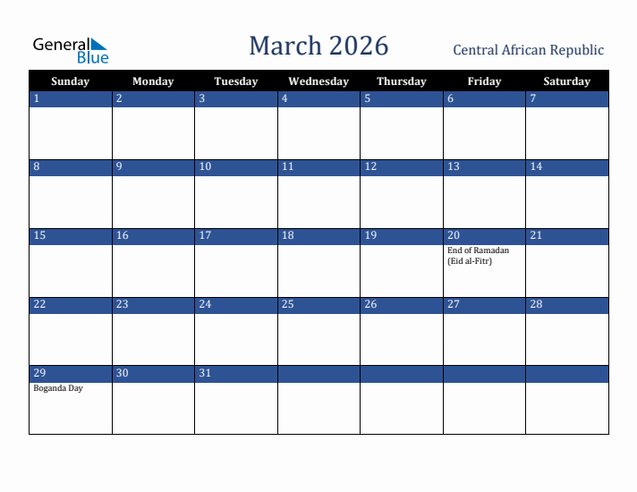 March 2026 Central African Republic Calendar (Sunday Start)