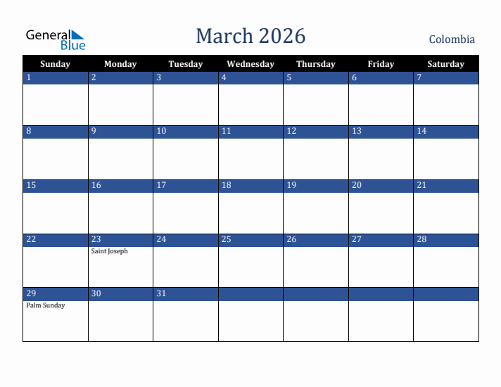 March 2026 Colombia Calendar (Sunday Start)