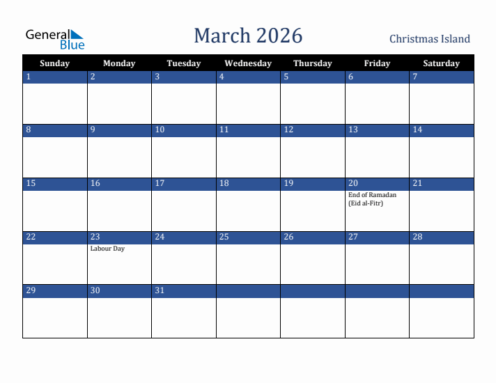 March 2026 Christmas Island Calendar (Sunday Start)