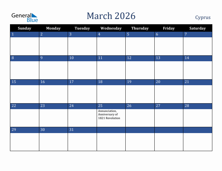 March 2026 Cyprus Calendar (Sunday Start)