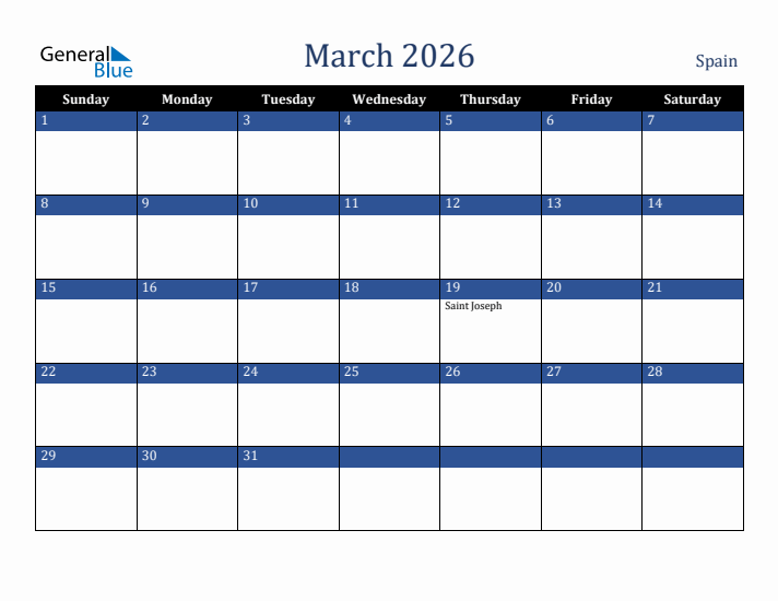 March 2026 Spain Calendar (Sunday Start)