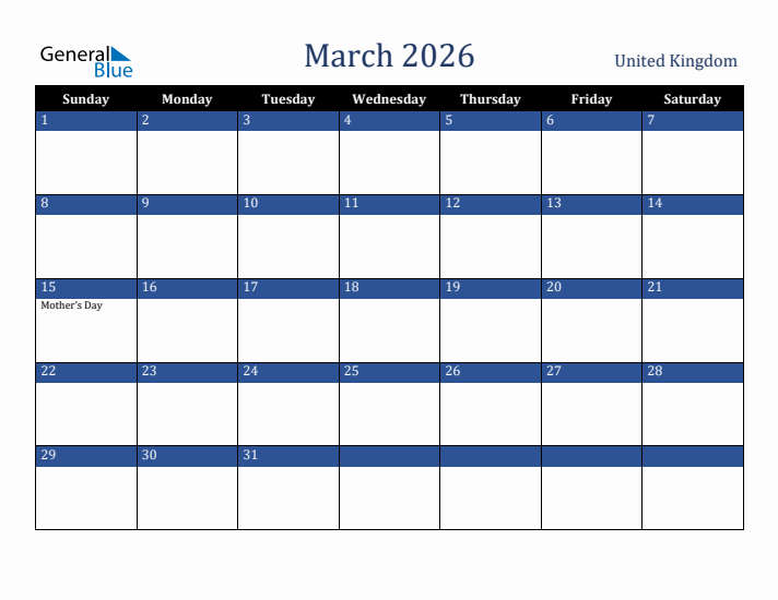 March 2026 United Kingdom Calendar (Sunday Start)