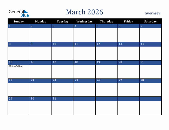 March 2026 Guernsey Calendar (Sunday Start)