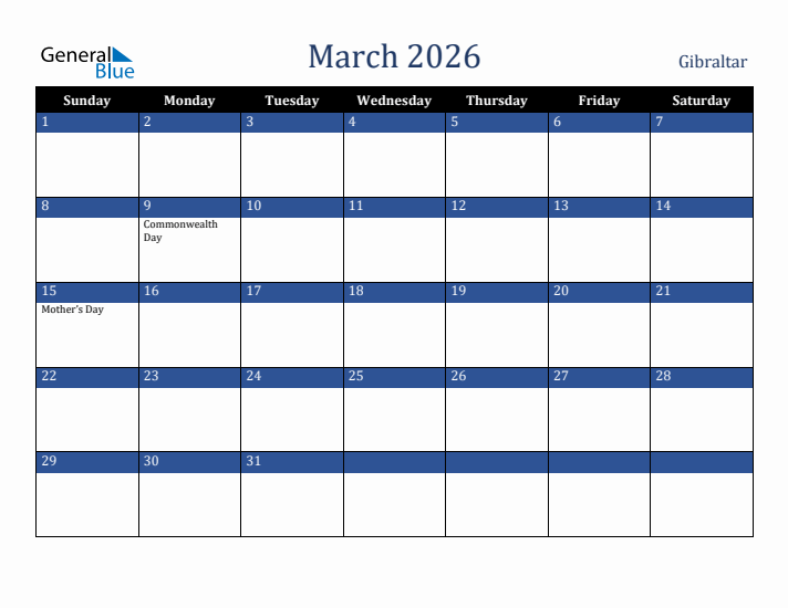 March 2026 Gibraltar Calendar (Sunday Start)