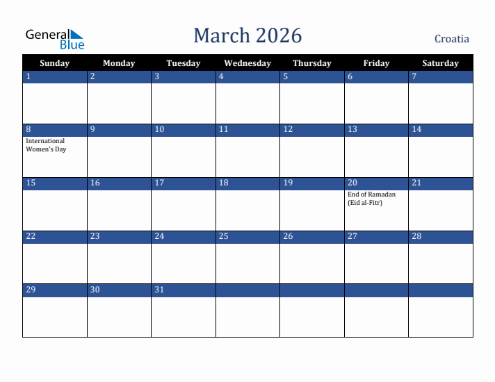 March 2026 Croatia Calendar (Sunday Start)