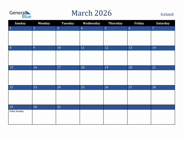 March 2026 Iceland Calendar (Sunday Start)