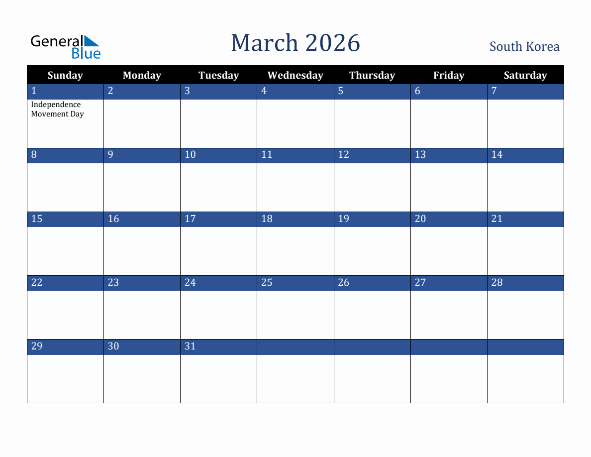 March 2026 South Korea Holiday Calendar