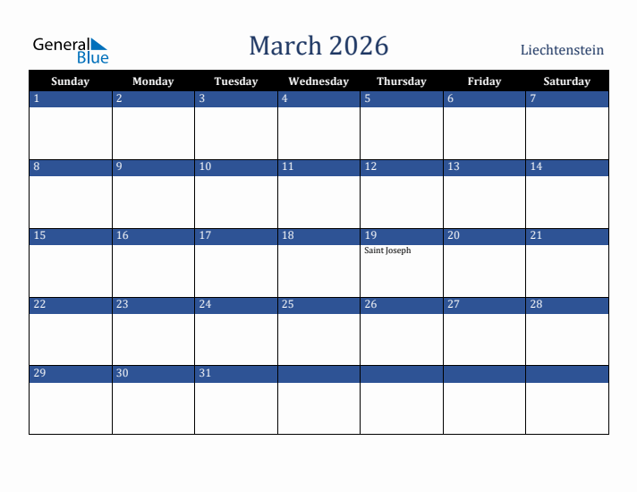 March 2026 Liechtenstein Calendar (Sunday Start)