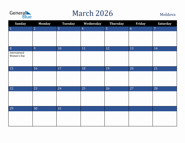 March 2026 Moldova Calendar (Sunday Start)