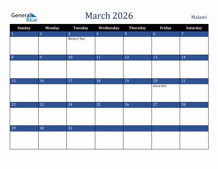 March 2026 Malawi Calendar (Sunday Start)