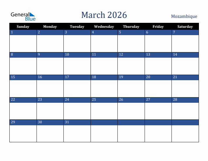 March 2026 Mozambique Calendar (Sunday Start)