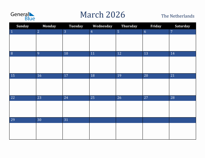 March 2026 The Netherlands Calendar (Sunday Start)