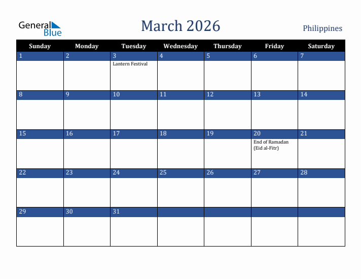 March 2026 Philippines Calendar (Sunday Start)