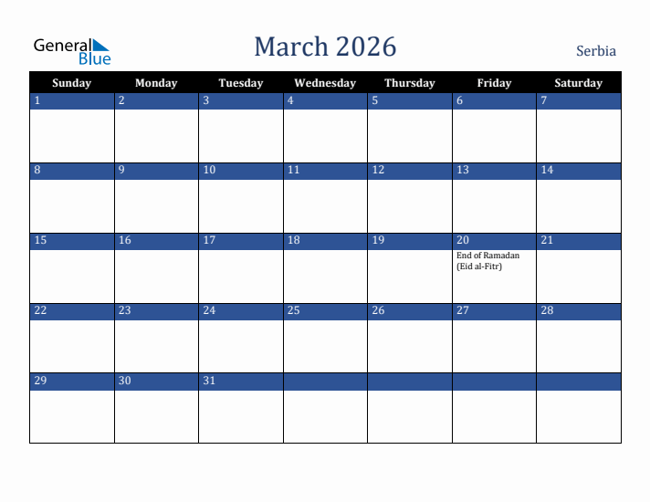 March 2026 Serbia Calendar (Sunday Start)