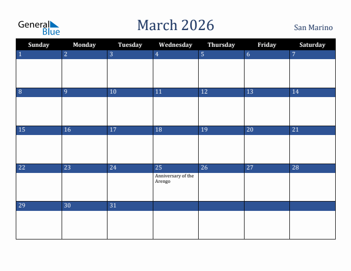 March 2026 San Marino Calendar (Sunday Start)