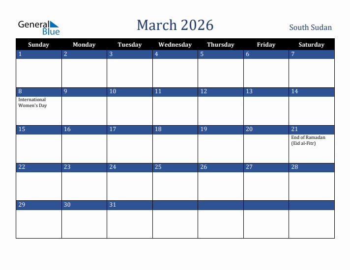 March 2026 South Sudan Calendar (Sunday Start)