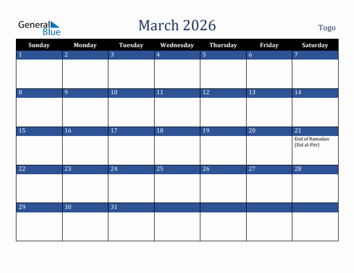 March 2026 Togo Calendar (Sunday Start)