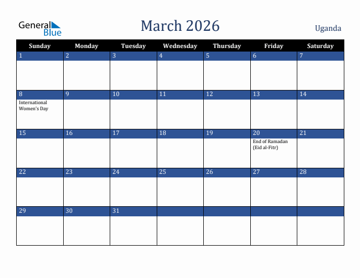 March 2026 Uganda Calendar (Sunday Start)