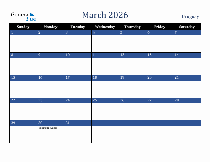March 2026 Uruguay Calendar (Sunday Start)