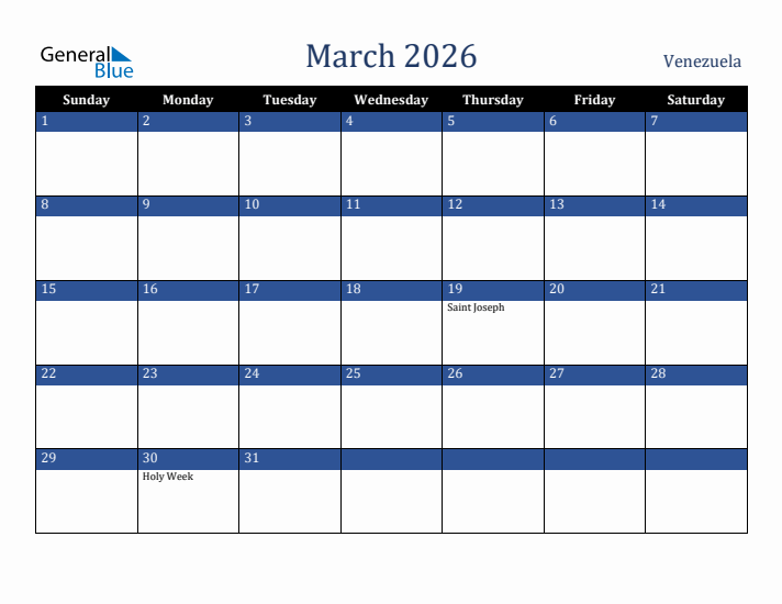 March 2026 Venezuela Calendar (Sunday Start)