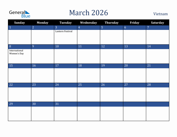 March 2026 Vietnam Calendar (Sunday Start)