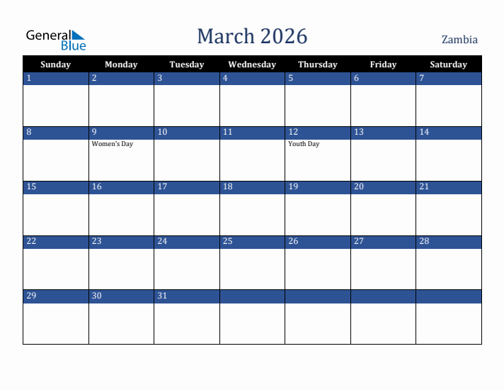 March 2026 Zambia Calendar (Sunday Start)
