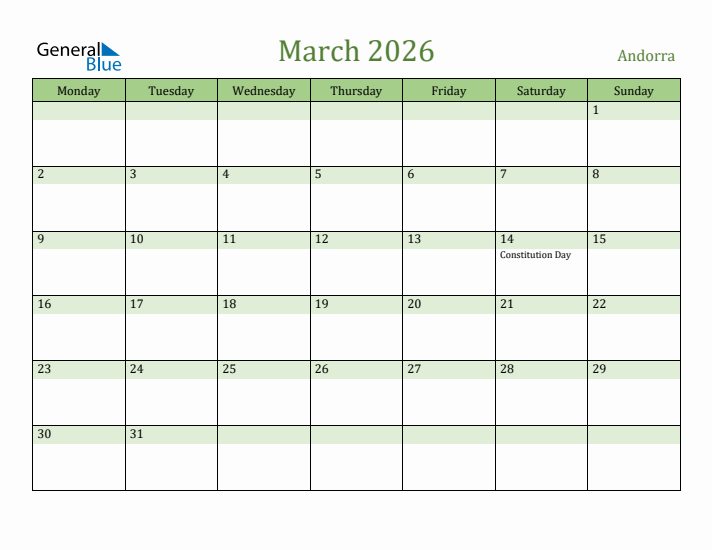 March 2026 Calendar with Andorra Holidays