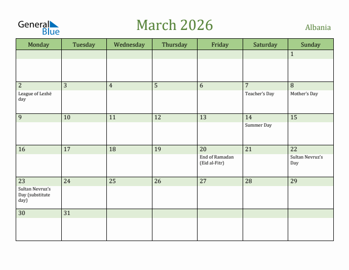 March 2026 Calendar with Albania Holidays