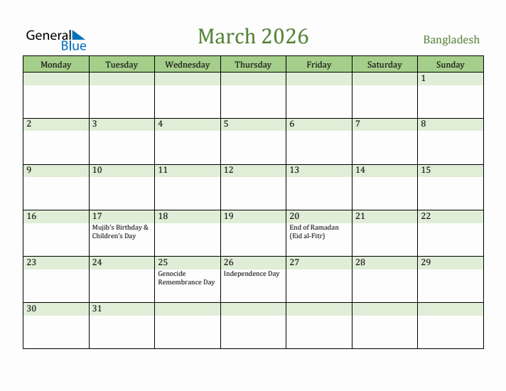 March 2026 Calendar with Bangladesh Holidays