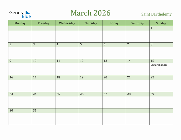 March 2026 Calendar with Saint Barthelemy Holidays