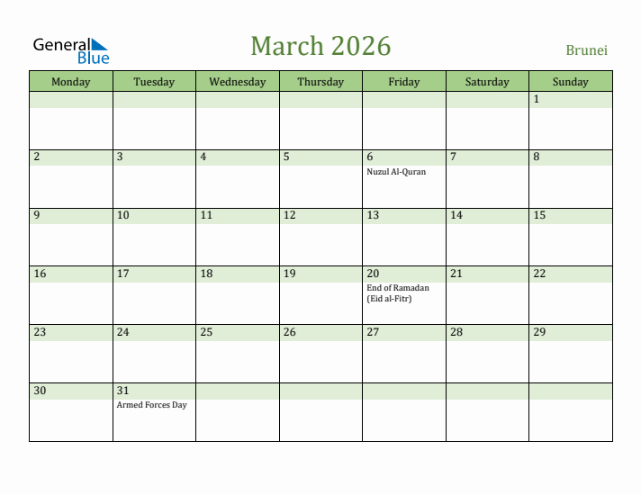 March 2026 Calendar with Brunei Holidays