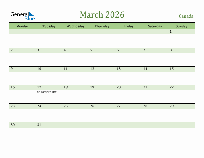 March 2026 Calendar with Canada Holidays