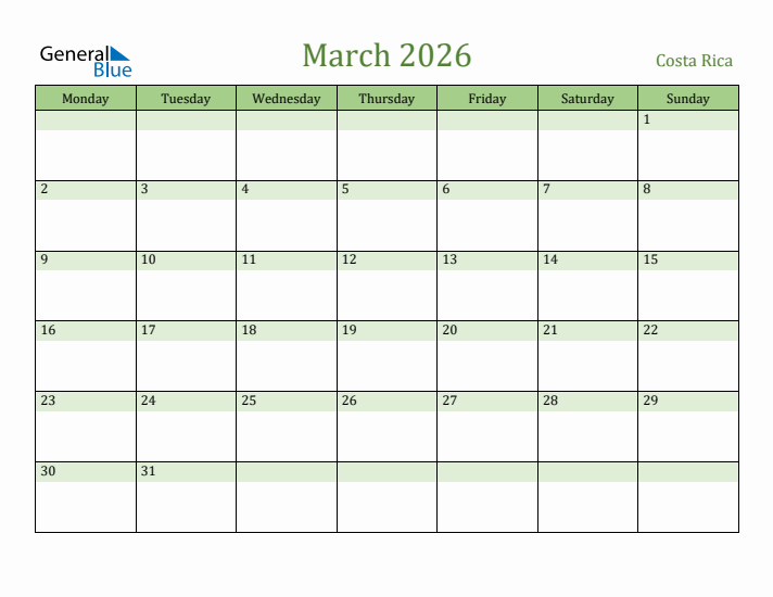 March 2026 Calendar with Costa Rica Holidays