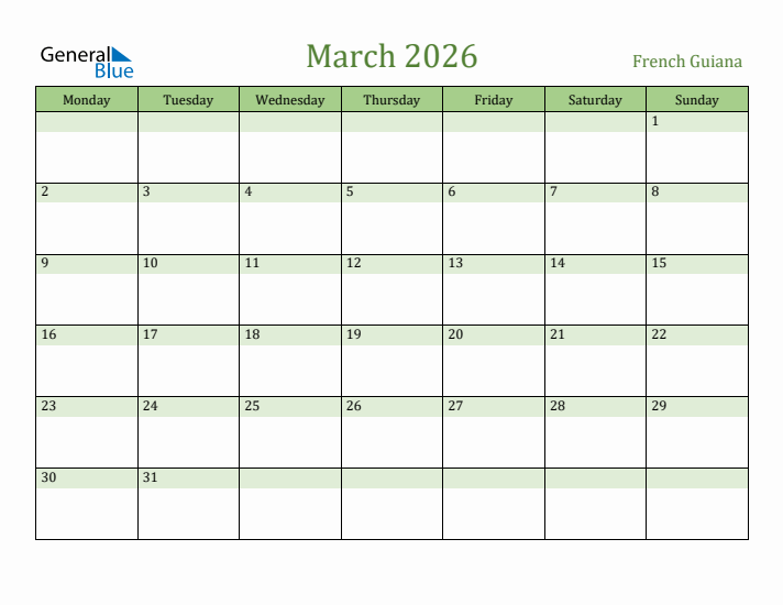 March 2026 Calendar with French Guiana Holidays
