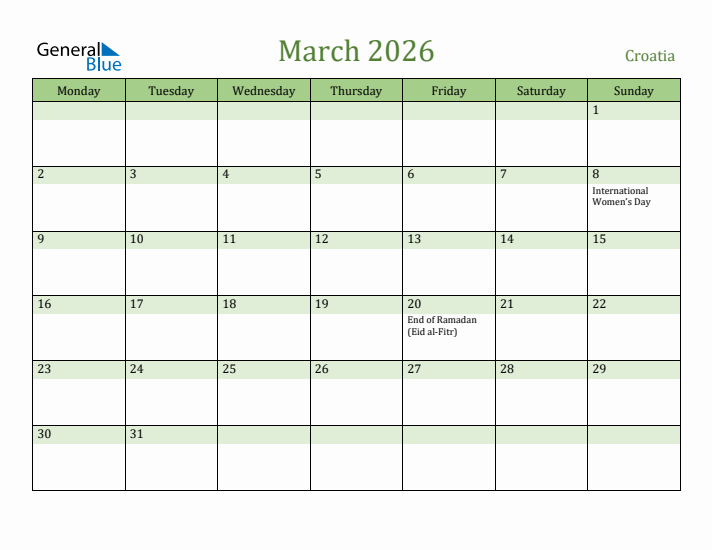 March 2026 Calendar with Croatia Holidays