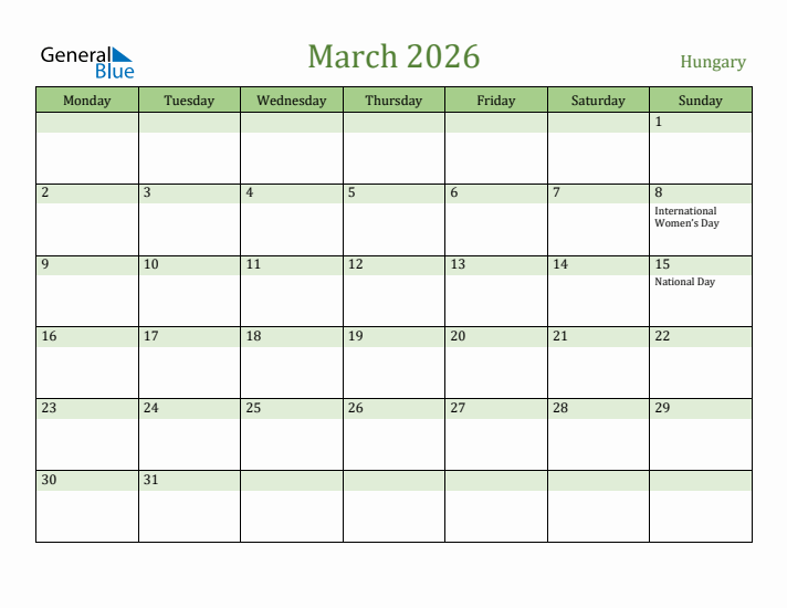 March 2026 Calendar with Hungary Holidays