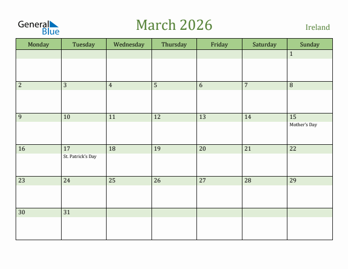 March 2026 Calendar with Ireland Holidays