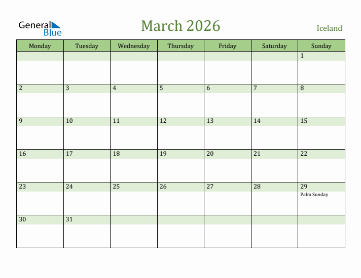 March 2026 Calendar with Iceland Holidays