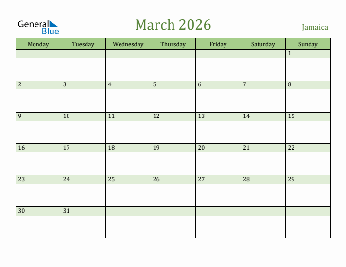March 2026 Calendar with Jamaica Holidays