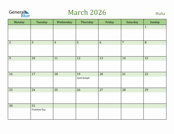 March 2026 Calendar with Malta Holidays