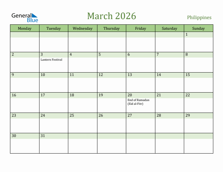 March 2026 Calendar with Philippines Holidays