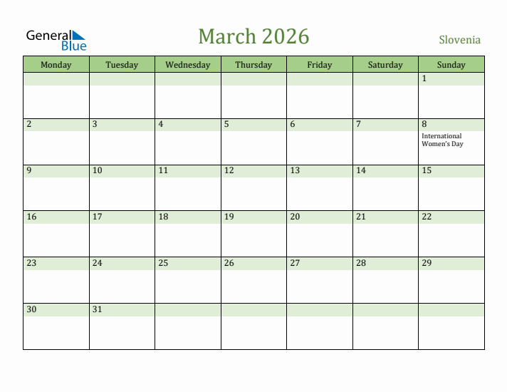 March 2026 Calendar with Slovenia Holidays