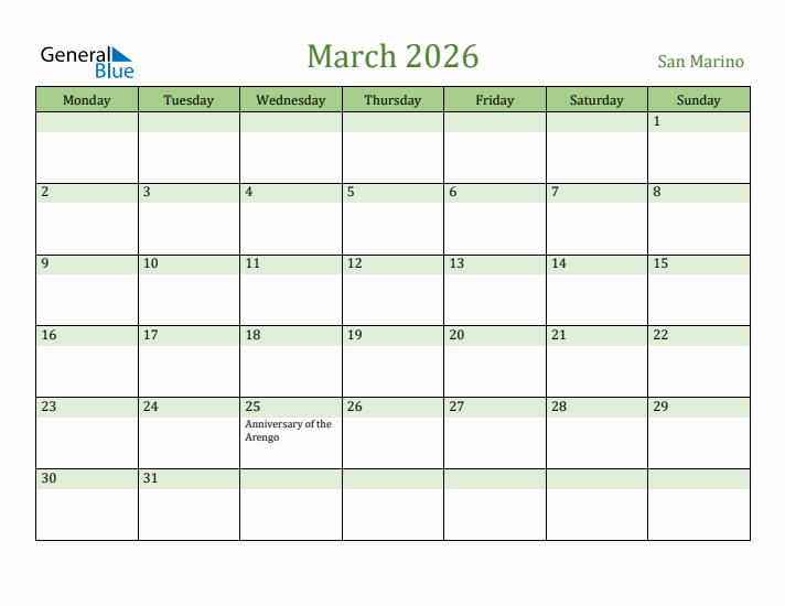 March 2026 Calendar with San Marino Holidays