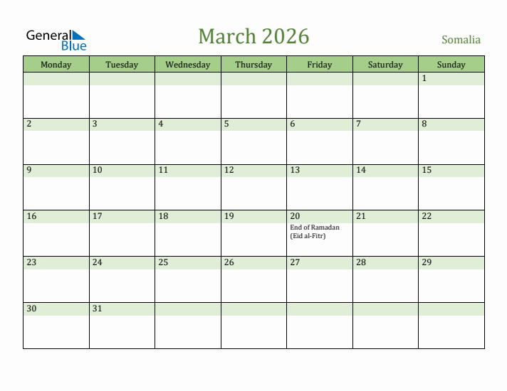 March 2026 Calendar with Somalia Holidays