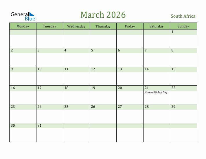 March 2026 Calendar with South Africa Holidays