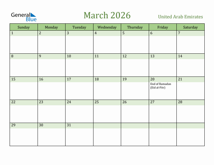 March 2026 Calendar with United Arab Emirates Holidays