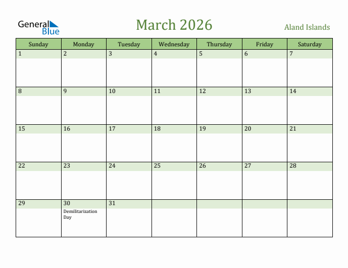 March 2026 Calendar with Aland Islands Holidays