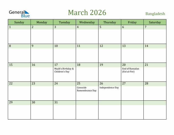 March 2026 Calendar with Bangladesh Holidays