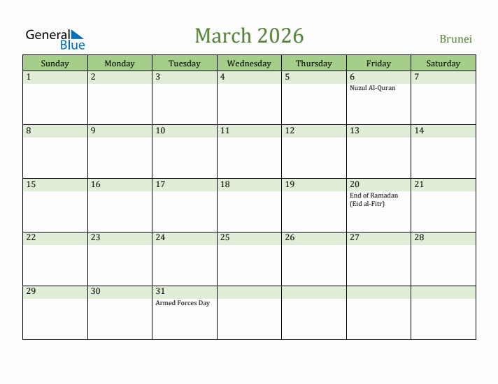 March 2026 Calendar with Brunei Holidays