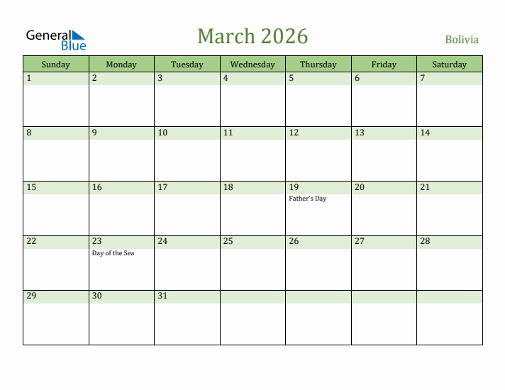 March 2026 Calendar with Bolivia Holidays